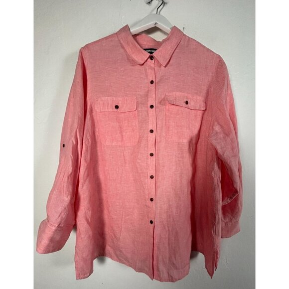 Lands End Womens Plus Size 2X 20W-22W Pink Linen Button-Down Shirt Roll Sleeves - Picture 1 of 8